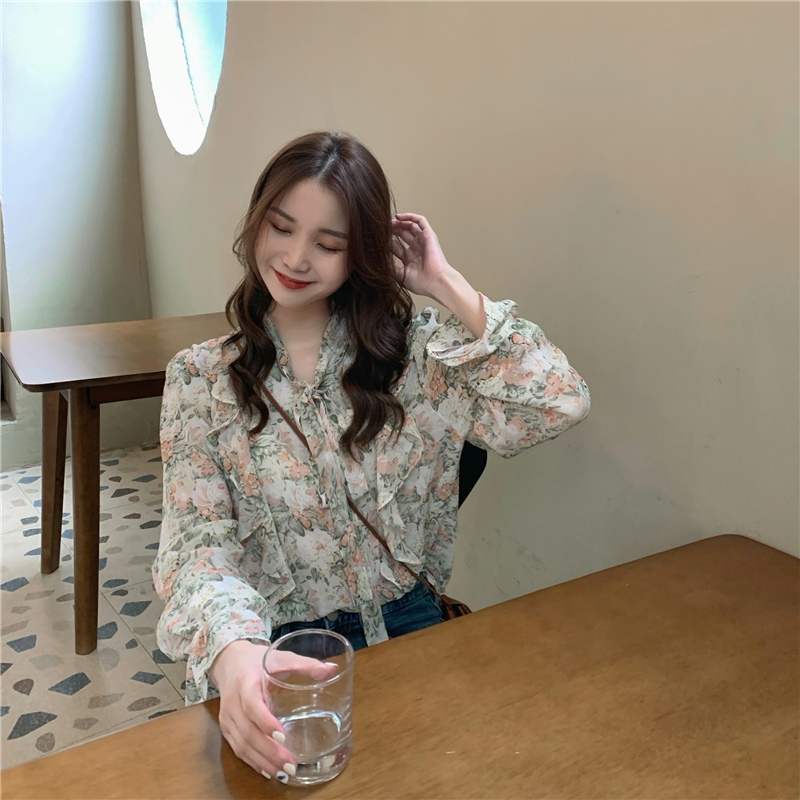 花柄 ファッション 優美な花柄リボン付きふんわりブラウス