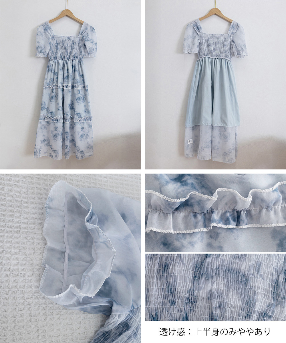 花柄 ファッション 花柄シャーリングティアードワンピース 夏服