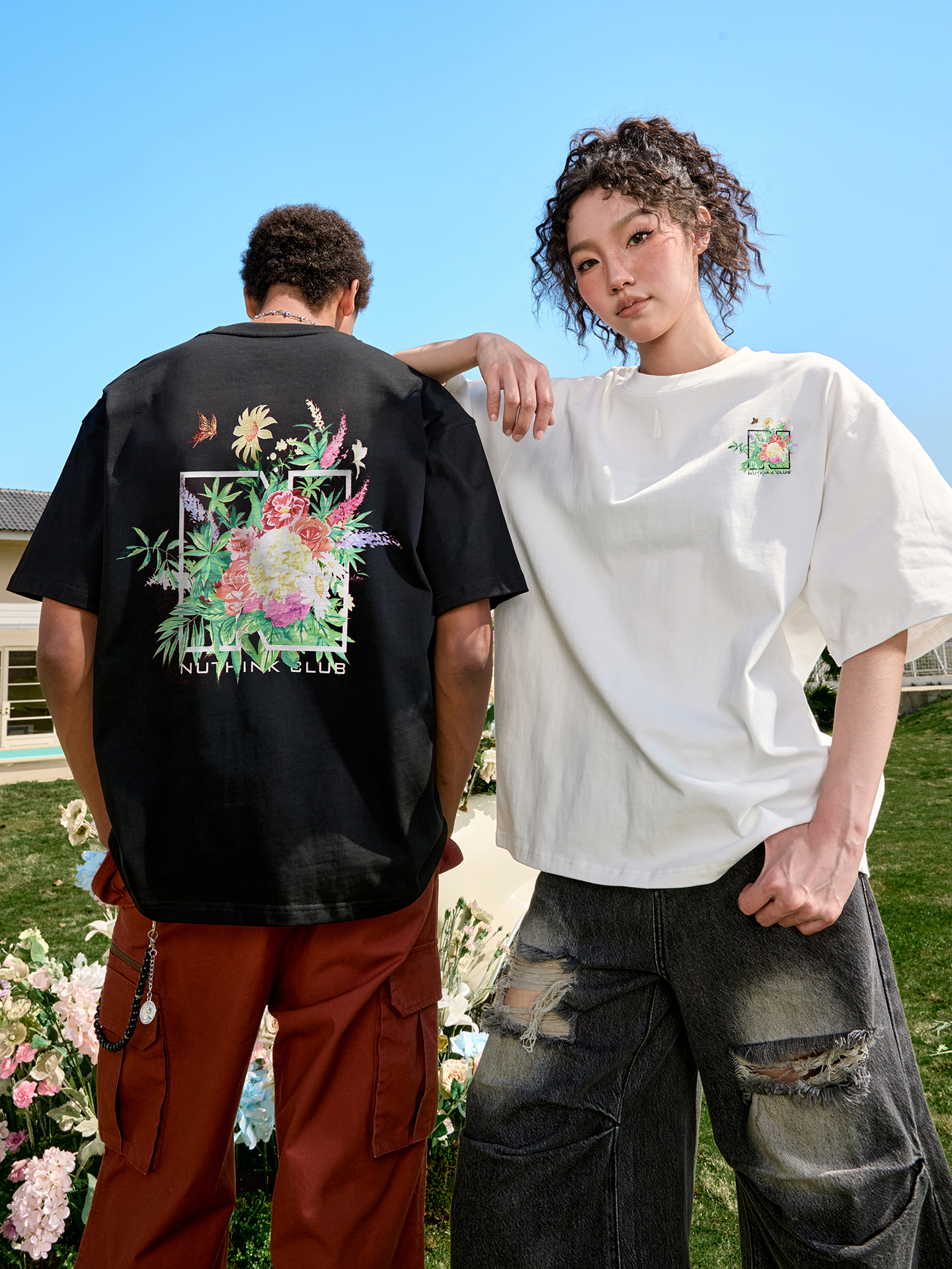 花柄 ファッション 花園フレーム ビッグシルエットティー