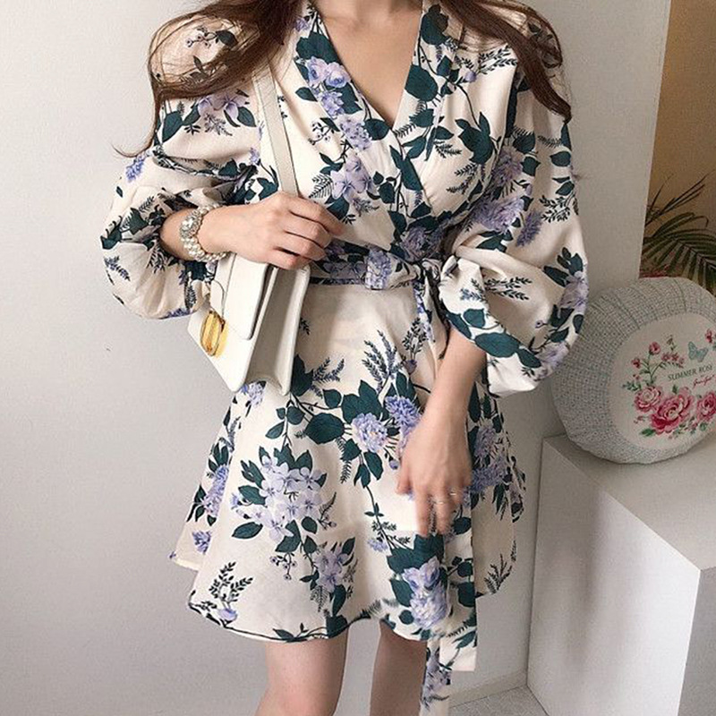 花柄 ファッション 上品な花柄 長袖ワンピース リボン付き エレガント 