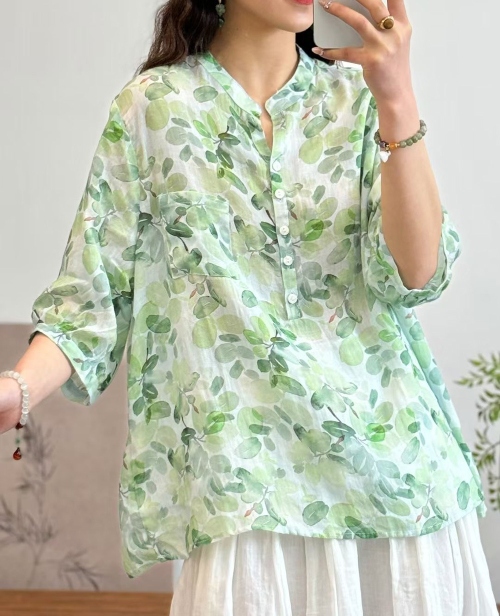 花柄 ファッション 水彩画風 七分袖シアーブラウス