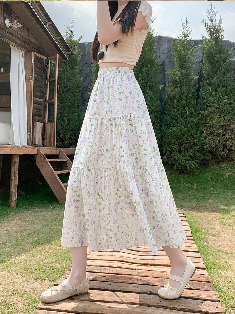 花柄 ファッション 野花散りばめティアードロングスカート