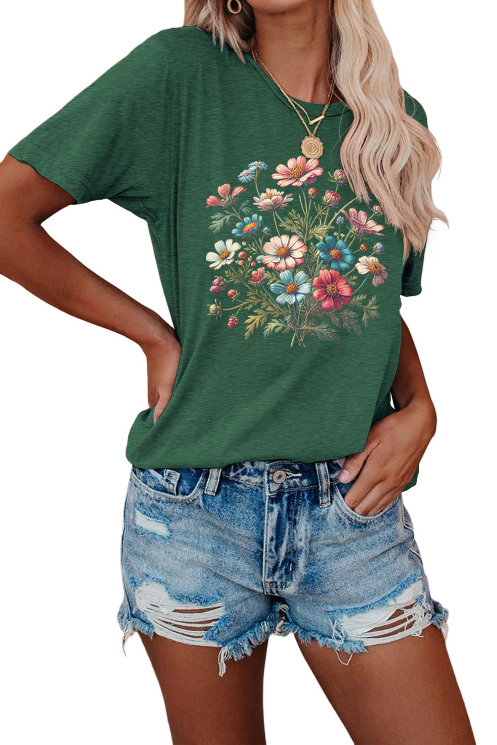 花柄 ファッション 野の花束 刺繍入り半袖カットソー