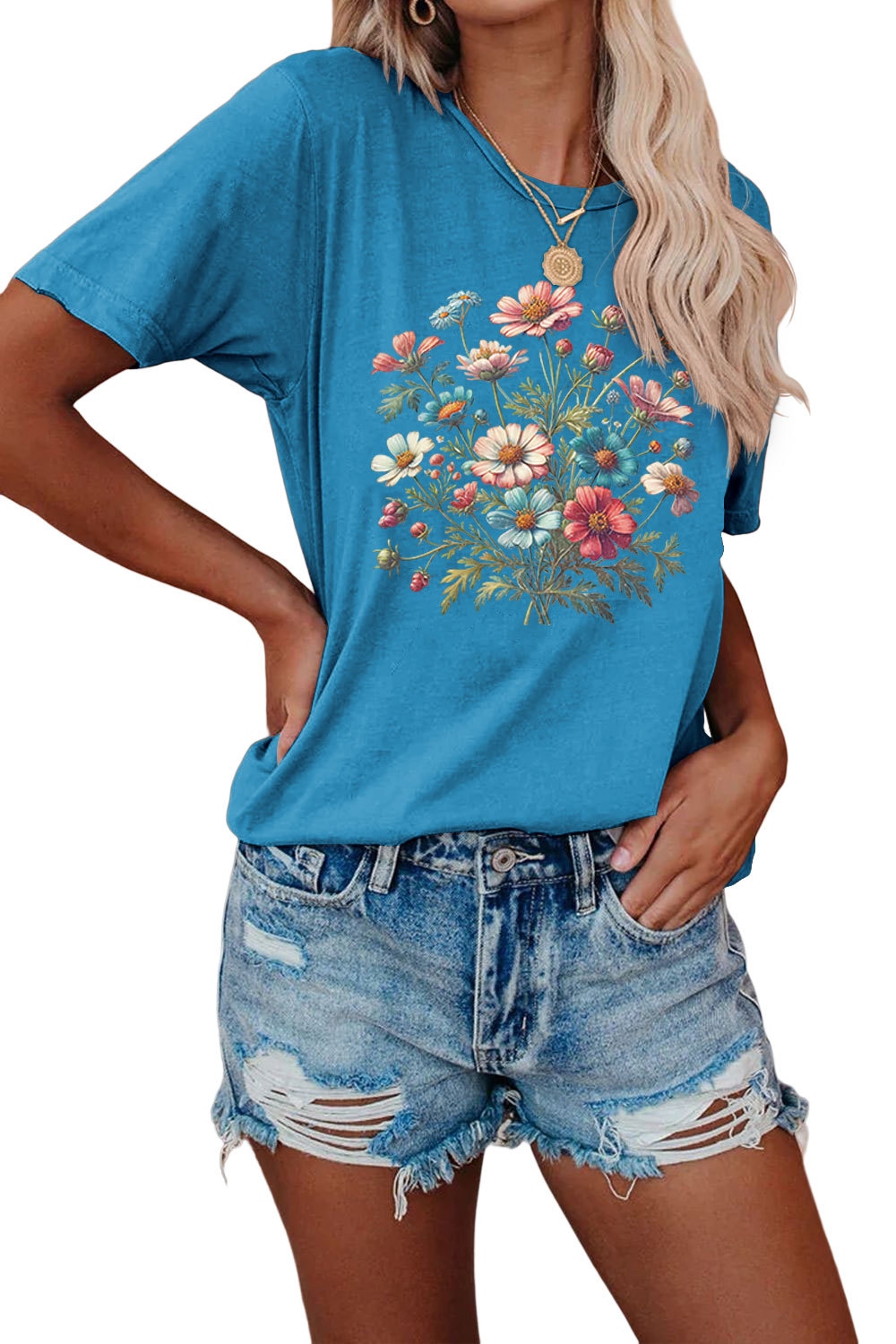 花柄 ファッション 野の花束 刺繍入り半袖カットソー