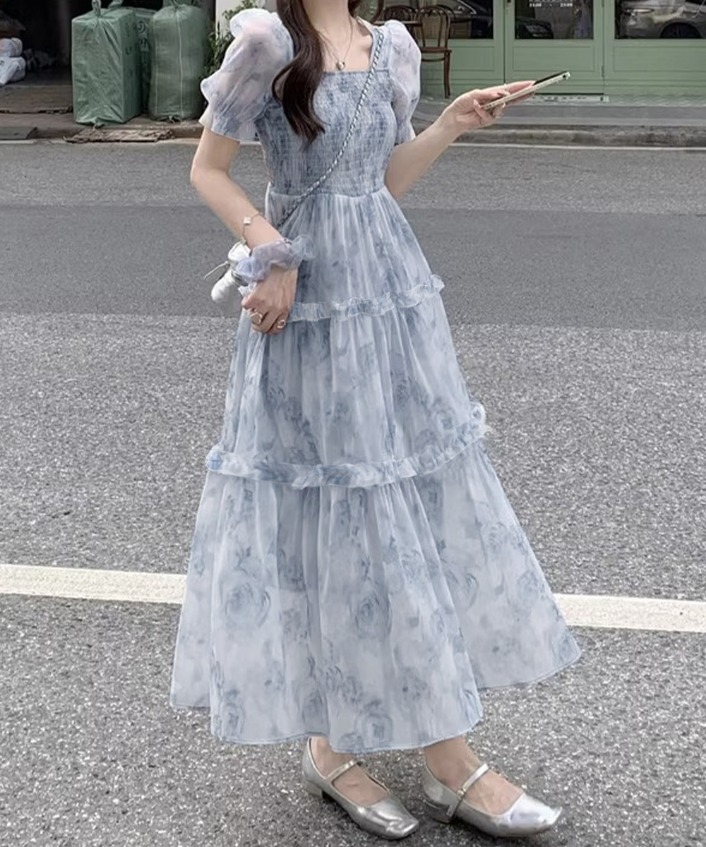 花柄 ファッション 花柄シャーリングティアードワンピース 夏服