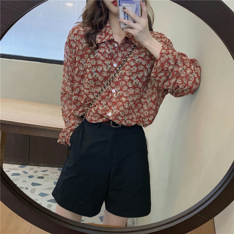 花柄 ファッション レトロ可愛い 小花柄ブラウス ショーパンセット
