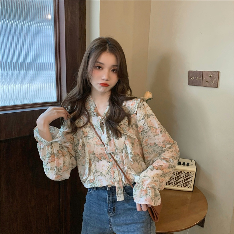 花柄 ファッション 優美な花柄リボン付きふんわりブラウス