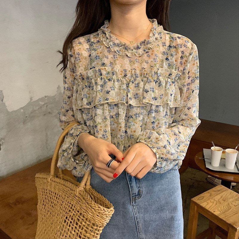 花柄 ファッション 優美フリルシフォン小花ブラウス