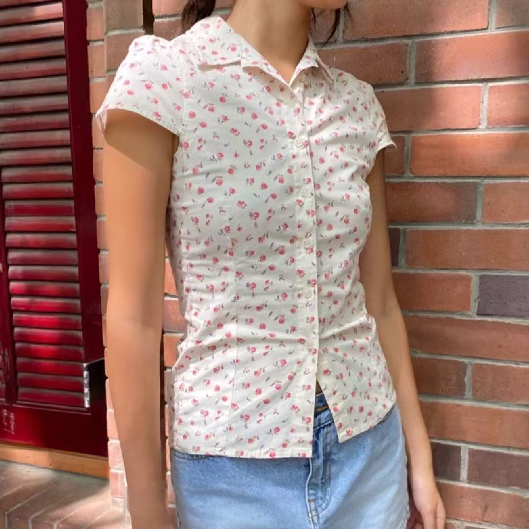 花柄 ファッション 小花柄シャツカラー半袖ブラウス