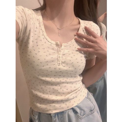 花柄 ファッション 小花柄フロントボタンリブTシャツ
