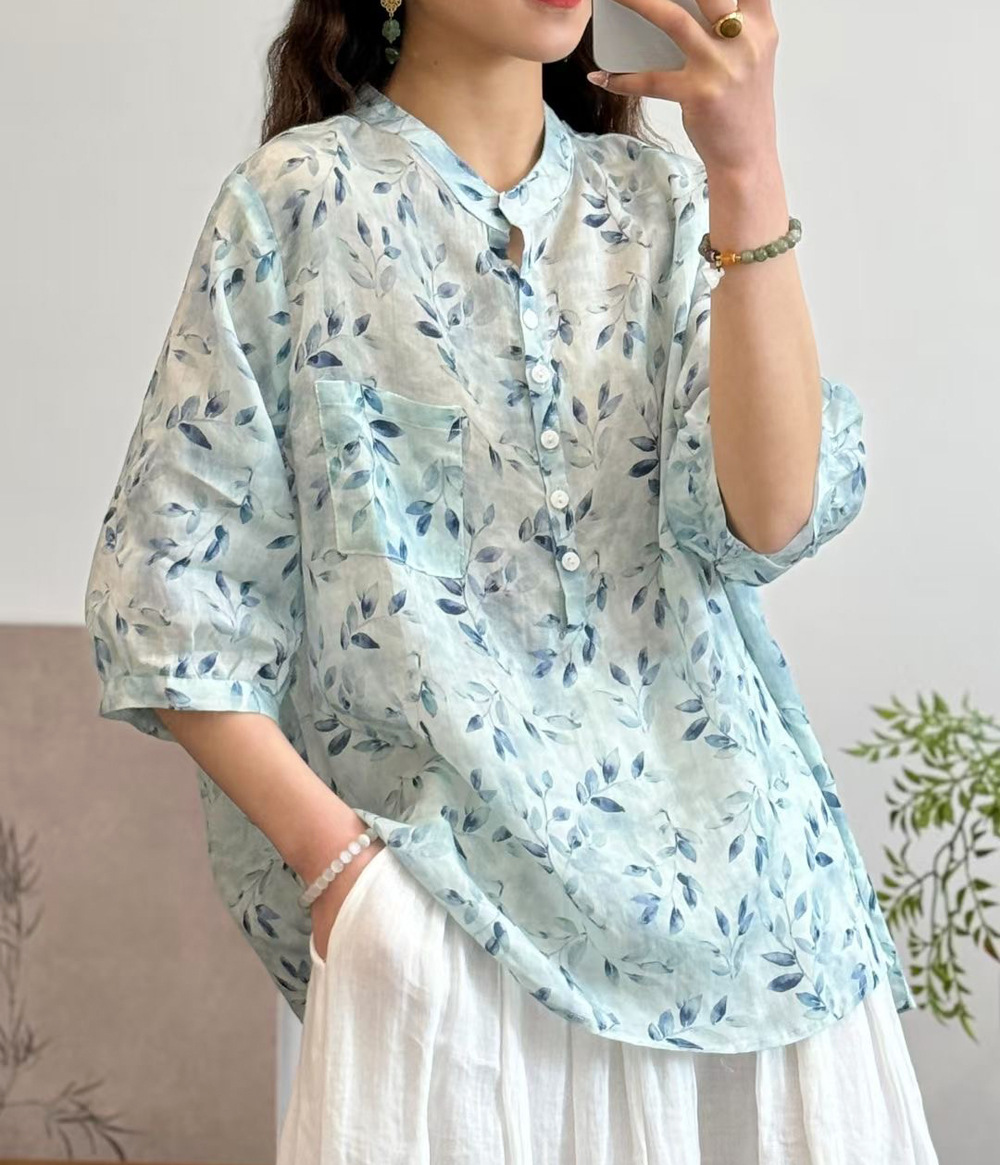 花柄 ファッション 水彩画風 七分袖シアーブラウス
