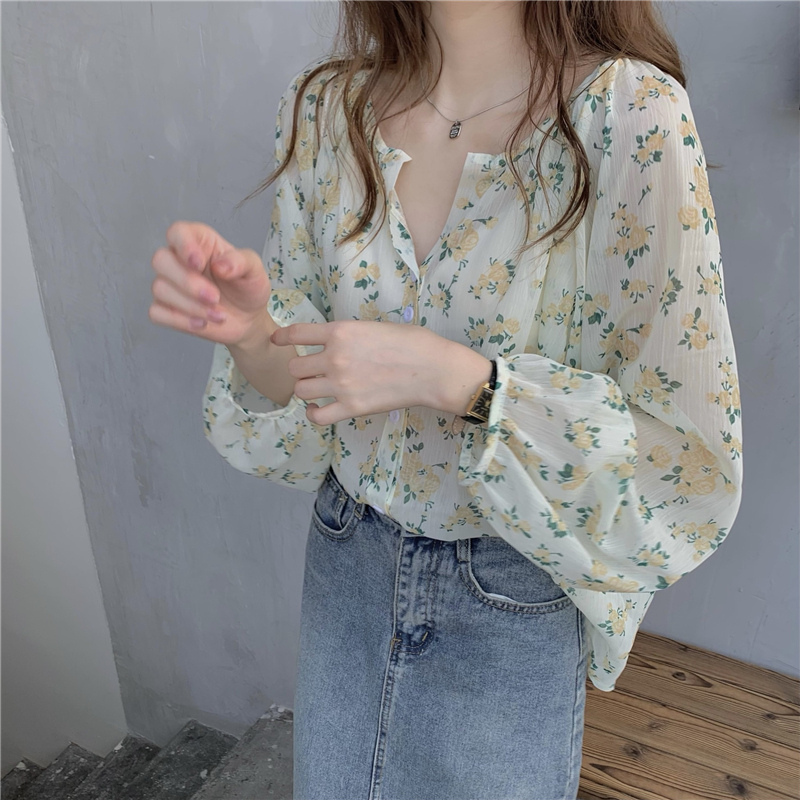 花柄 ファッション パフスリーブ 花柄ブラウス ゆったり着れる シフォントップス