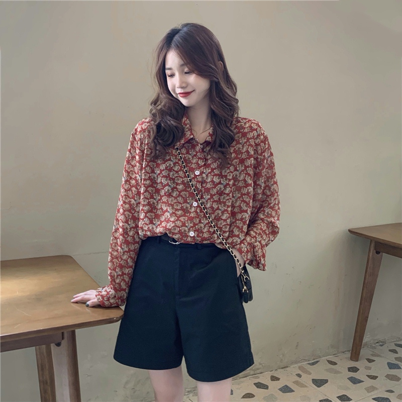 花柄 ファッション レトロ可愛い 小花柄ブラウス ショーパンセット