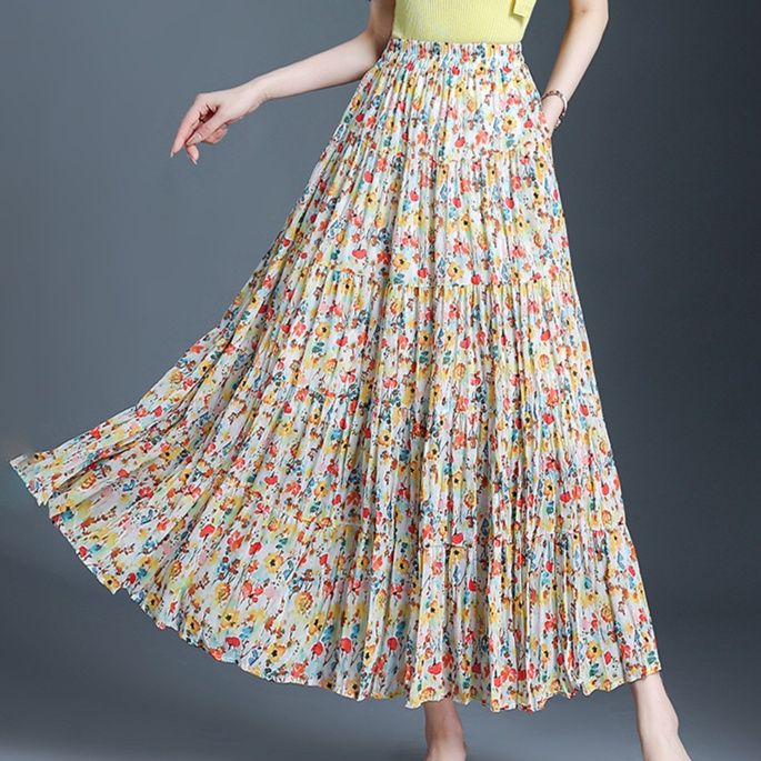 花柄 ファッション 花咲くプリーツマキシスカート