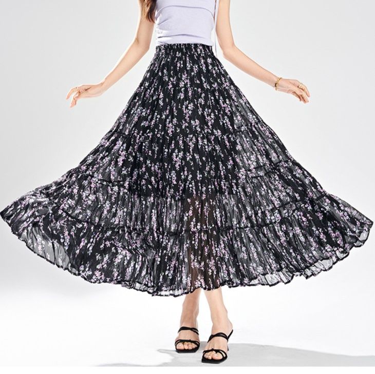 花柄 ファッション 花咲くプリーツマキシスカート