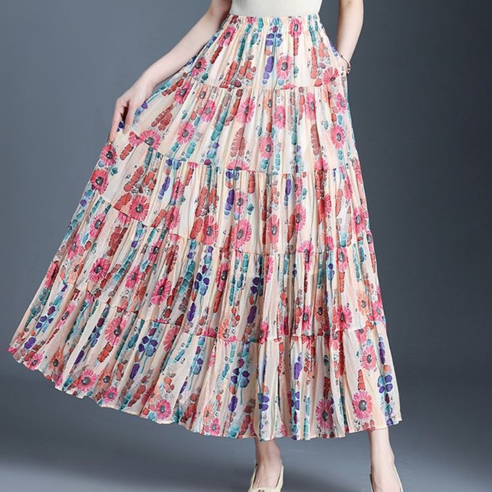 花柄 ファッション 花咲くプリーツマキシスカート