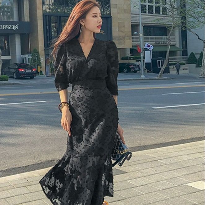 花柄 ファッション 花柄レース カシュクール ミモレ丈ワンピース 黒