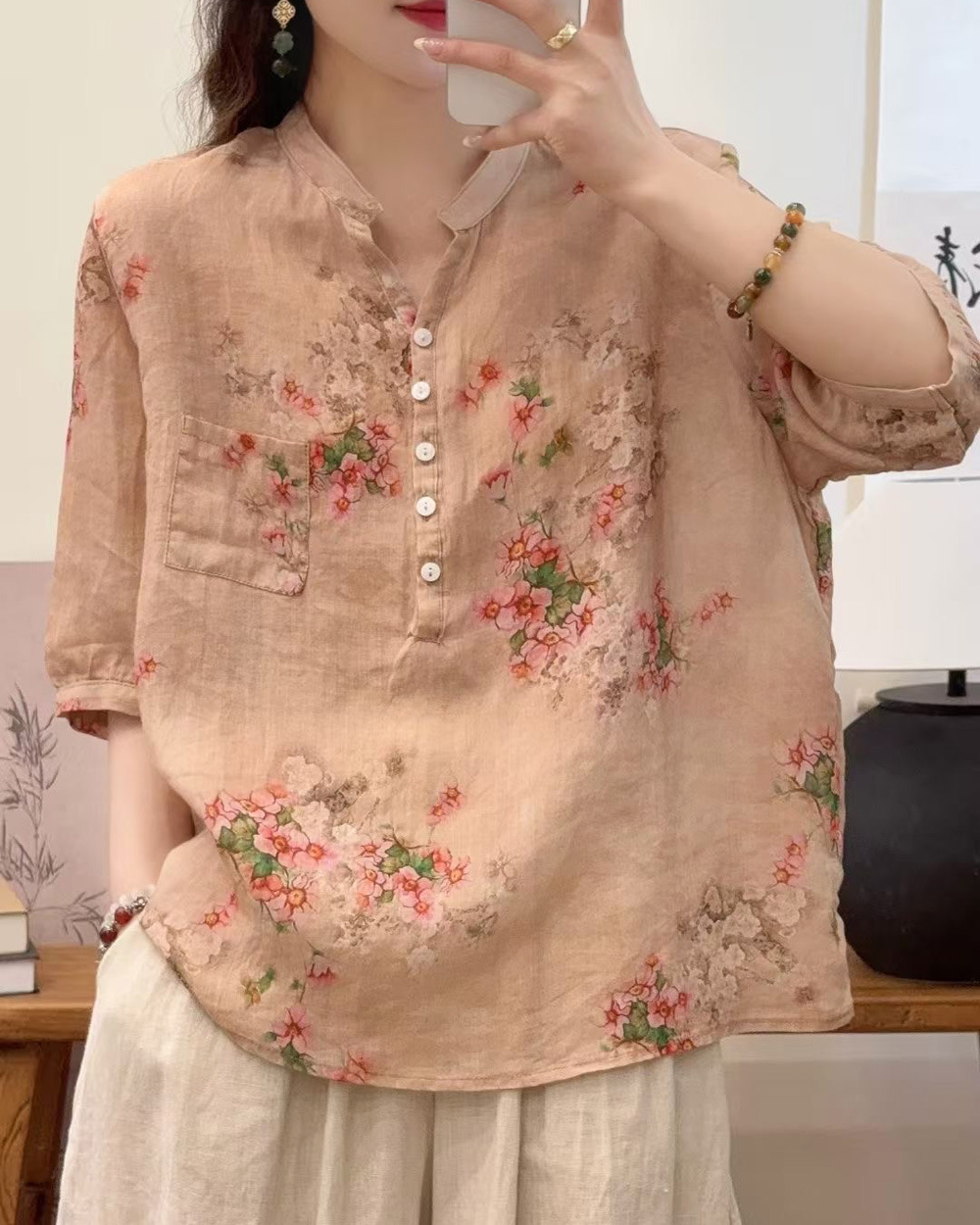 花柄 ファッション 水彩画風 七分袖シアーブラウス