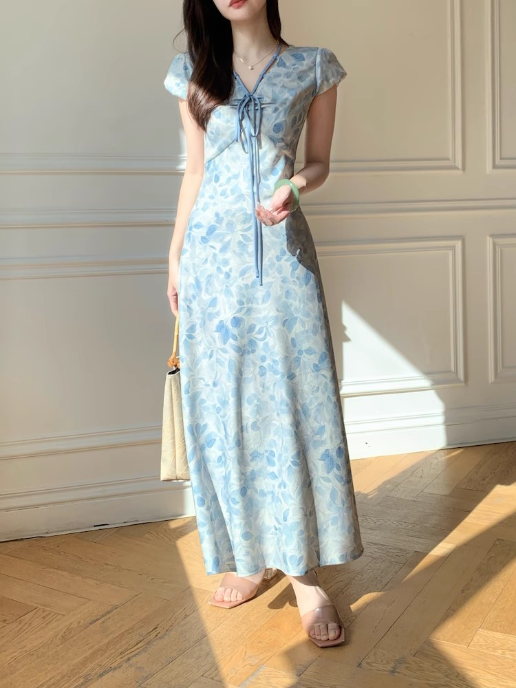 花柄 ファッション 優美な花びら リボン結び ワンピース