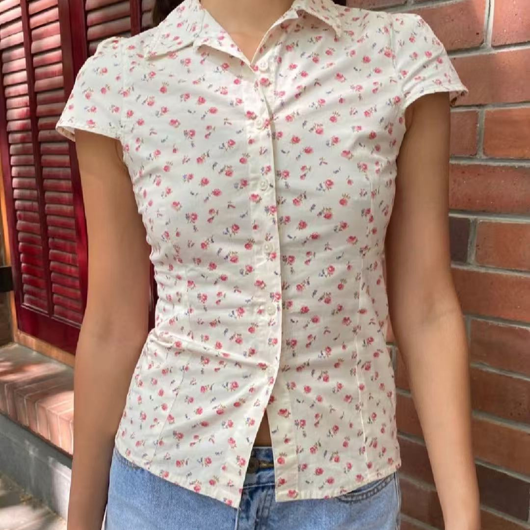 花柄 ファッション 小花柄シャツカラー半袖ブラウス