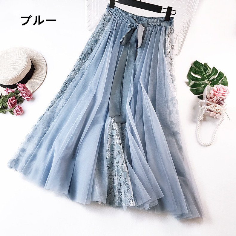 花柄 ファッション リボン付きチュールロングスカート 体型カバー 四季対応