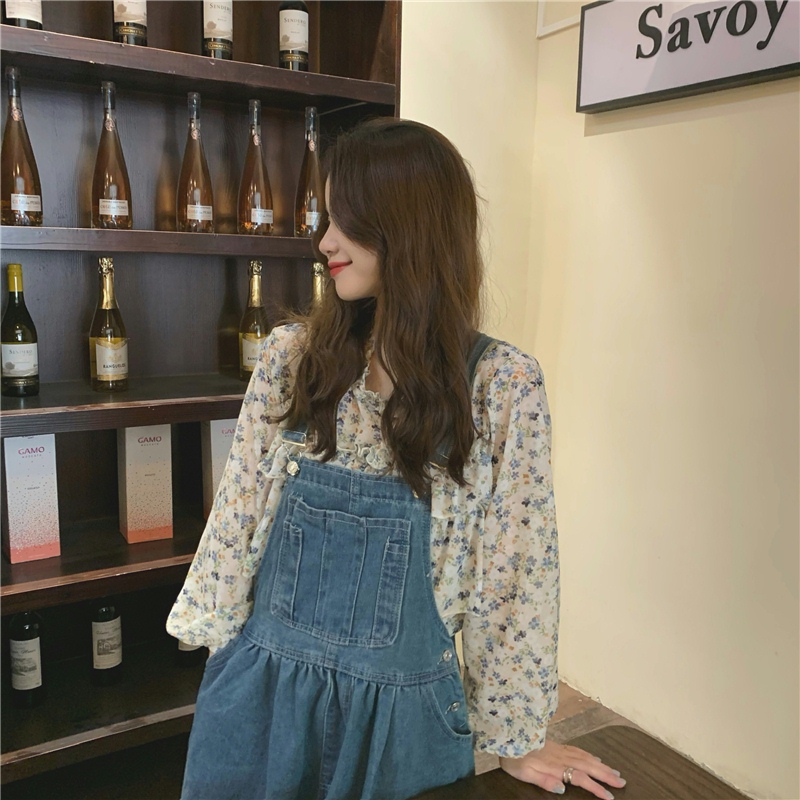 花柄 ファッション 優しい花柄ブラウス サスペンダースカートセット