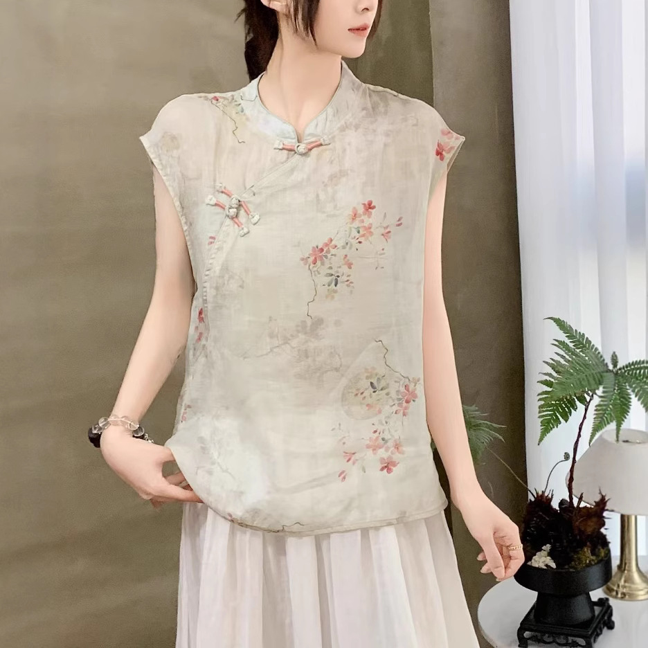 花柄 ファッション 雅花 チャイナ風ノースリーブブラウス