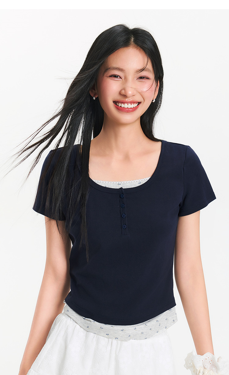 花柄 ファッション 優雅な小花レースヘンリーネック