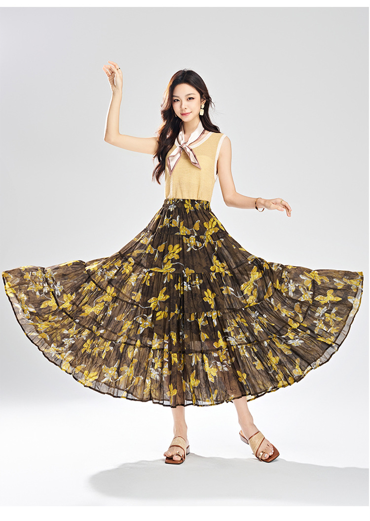 花柄 ファッション 花咲くプリーツマキシスカート