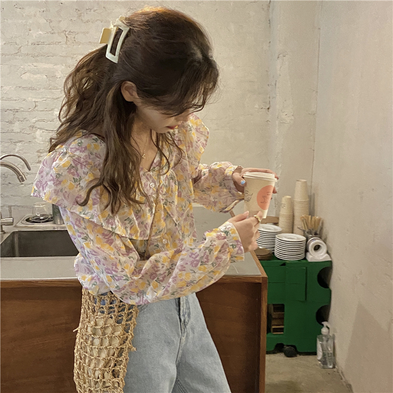 花柄 ファッション 春色花柄 ペプラム折り襟ブラウス パフスリーブ