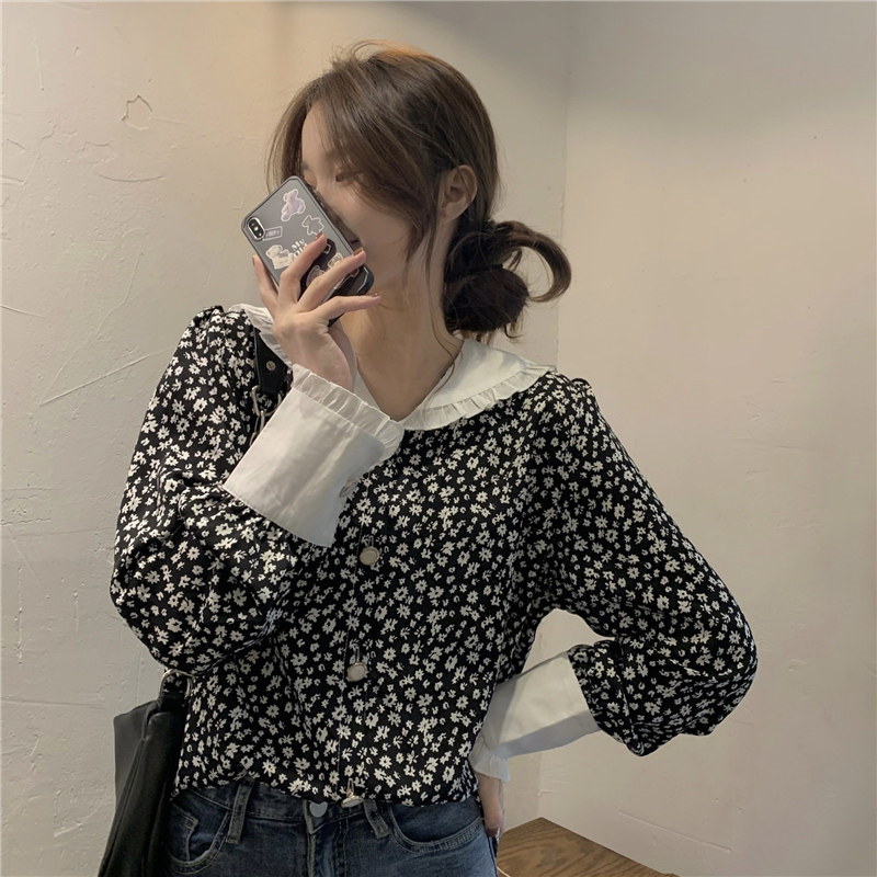 花柄 ファッション レトロ風 白襟 小花柄 シフォンブラウス ゆったり