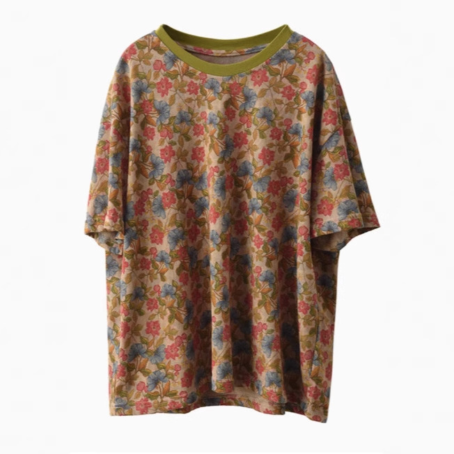 花柄 ファッション 花織りの詩 レトロ風ゆったりTシャツ