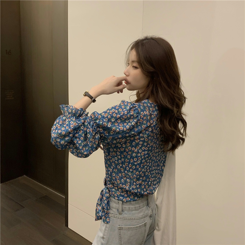 花柄 ファッション 小花柄 パフスリーブ Vネック Tシャツ 体型カバー