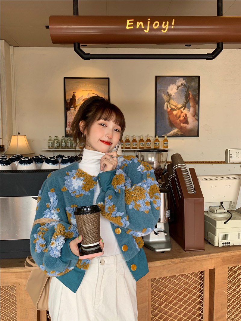 花柄 ファッション 花柄もこもこ ふんわり袖 ラウンドネック カーディガン