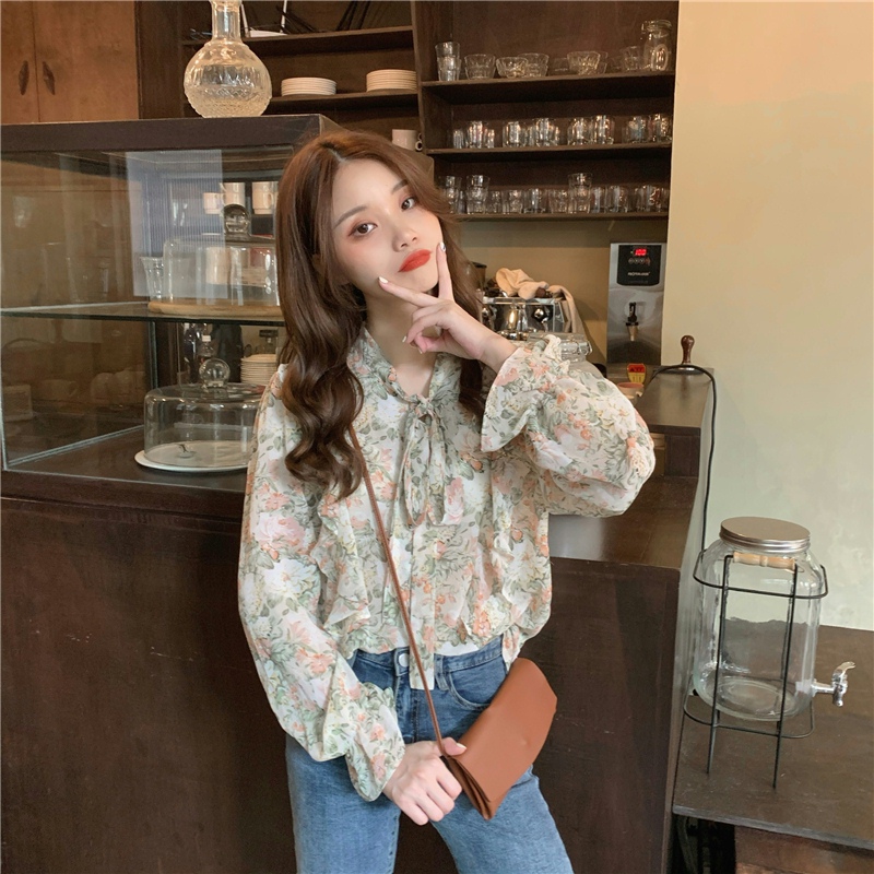 花柄 ファッション 優美な花柄リボン付きふんわりブラウス