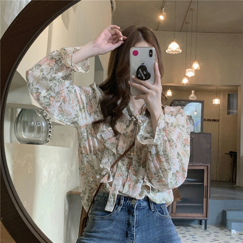花柄 ファッション 優美な花柄リボン付きふんわりブラウス