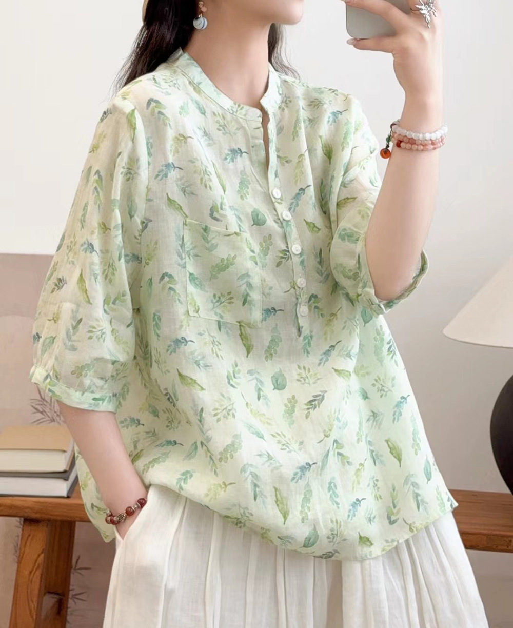 花柄 ファッション 水彩画風 七分袖シアーブラウス