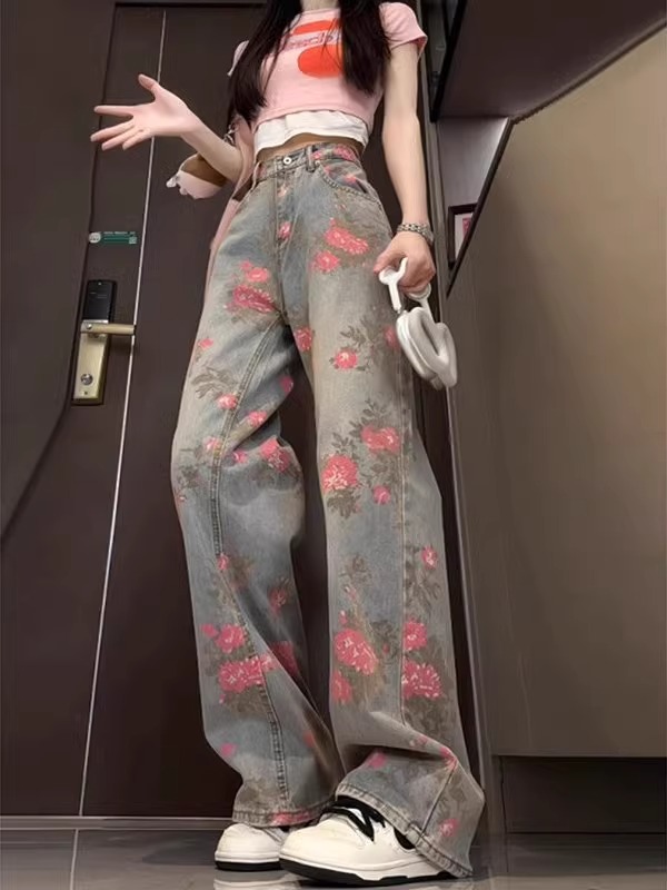 花柄 ファッション 花柄デニム ハイウエストパンツ レディース