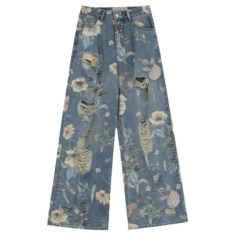 花柄 ファッション 花柄ダメージ加工ワイドデニムパンツ レディース