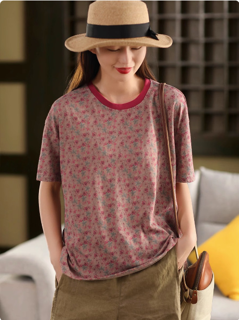 花柄 ファッション 花織りの詩 レトロ風ゆったりTシャツ