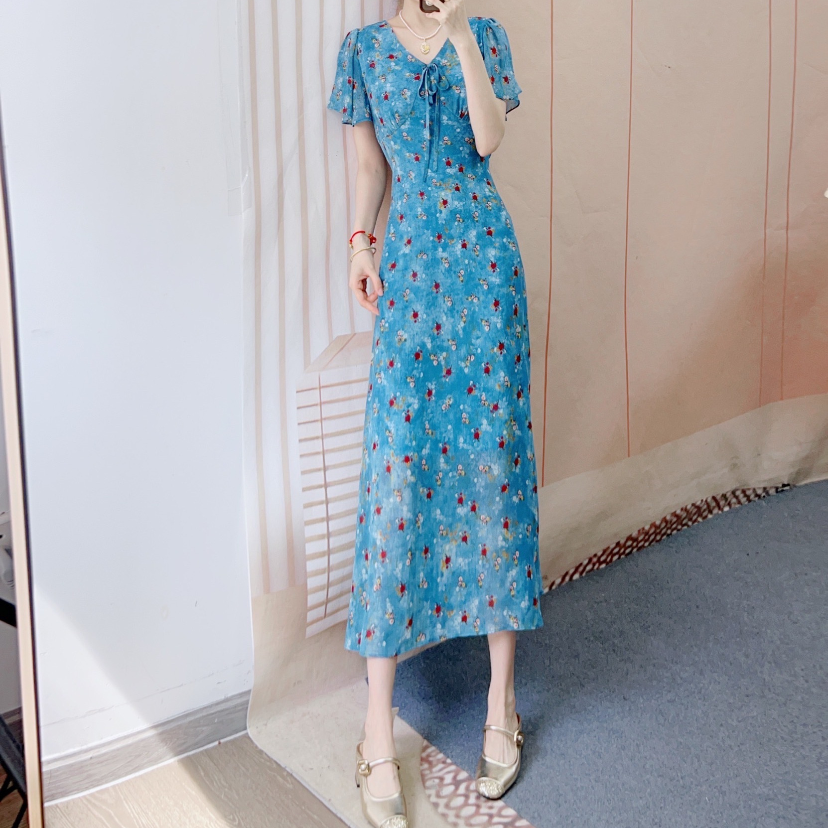 花柄 ファッション リボン付き優美バラ模様ロングワンピース