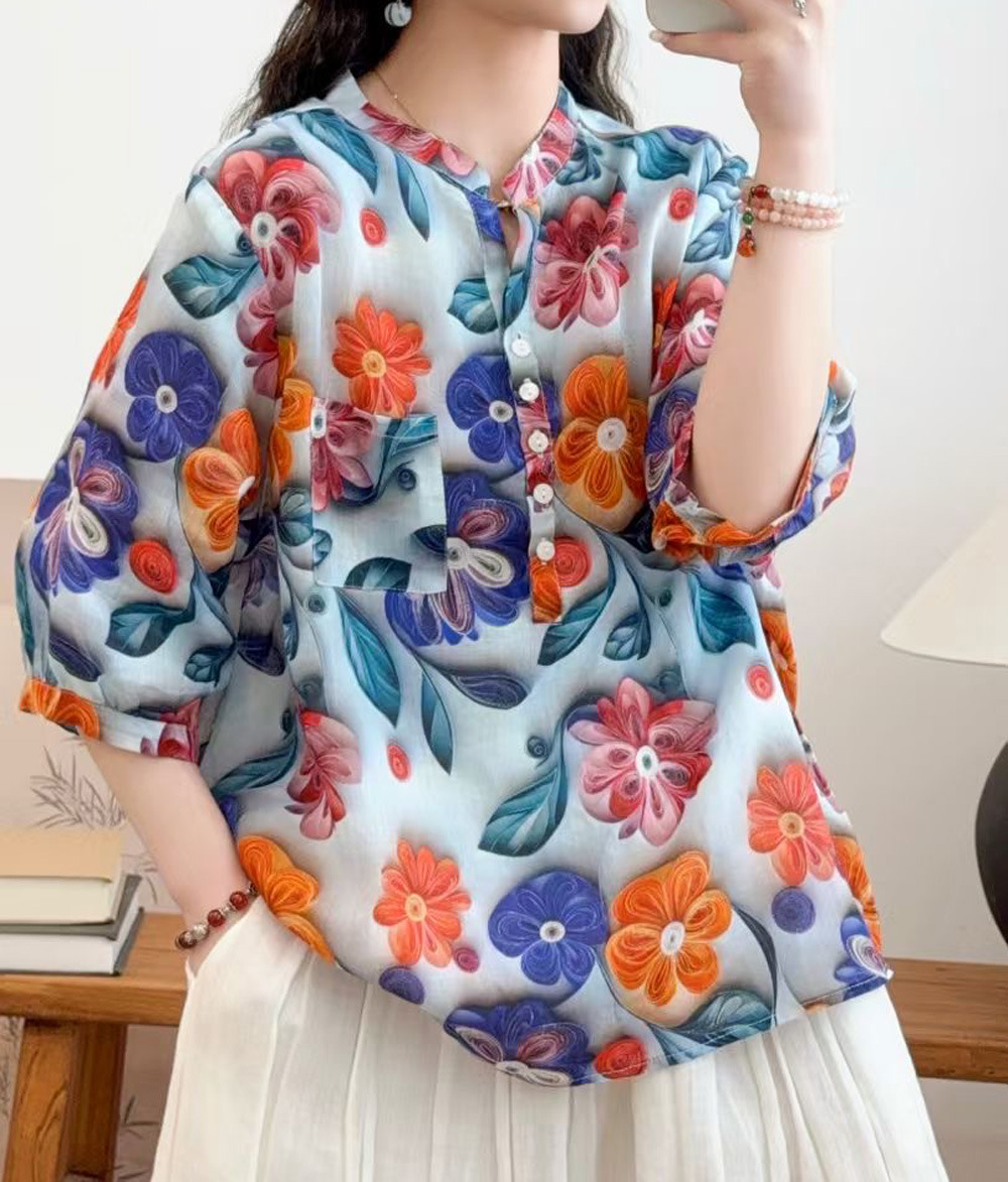 花柄 ファッション 水彩画風 七分袖シアーブラウス