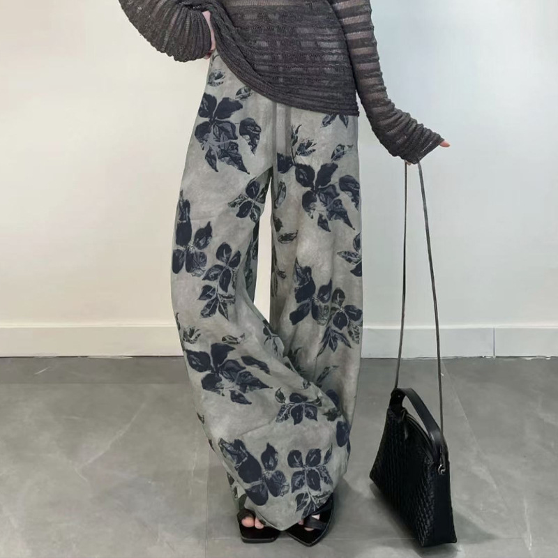 花柄 ファッション 墨絵風花柄ワイドパンツ