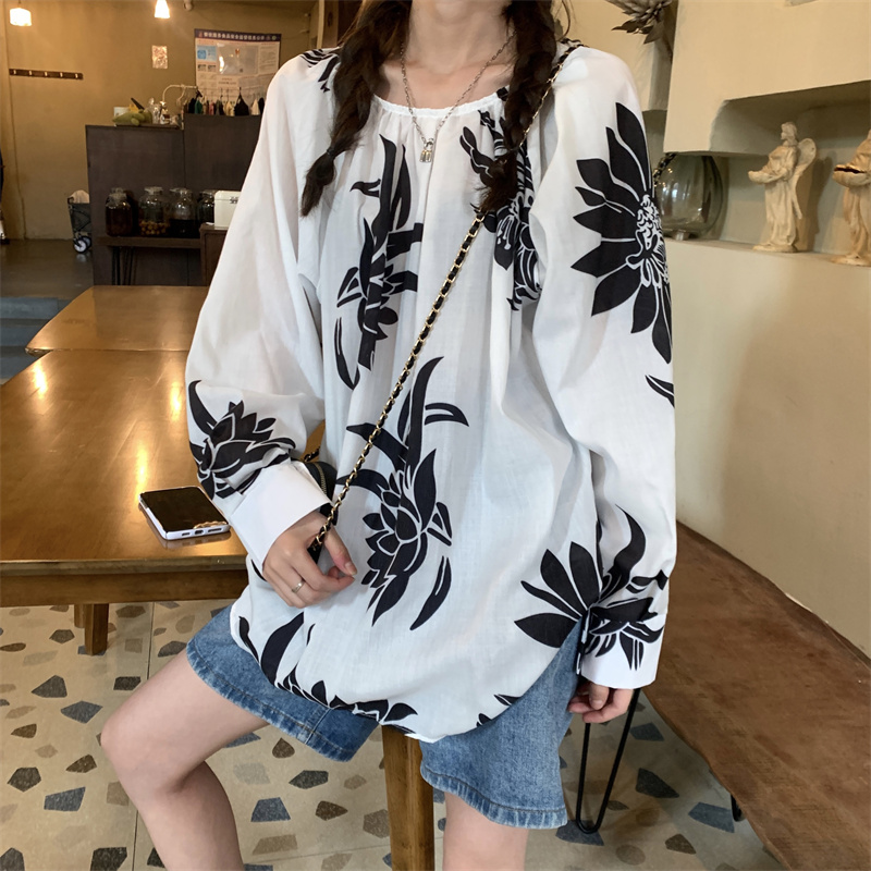 花柄 ファッション 秋映え 花柄ゆったりTシャツ 体型カバー カジュアルトップス