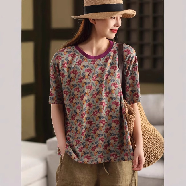 花柄 ファッション 花織りの詩 レトロ風ゆったりTシャツ