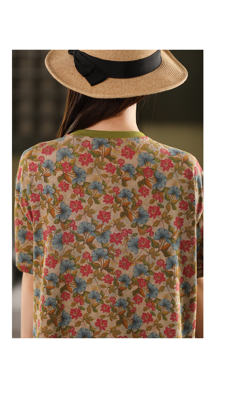 花柄 ファッション 花織りの詩 レトロ風ゆったりTシャツ
