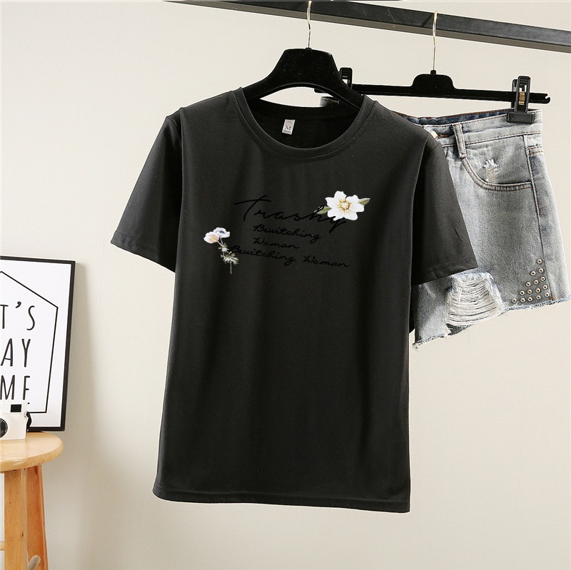 花柄 ファッション 優美な花刺繍 シンプルリラックスティー