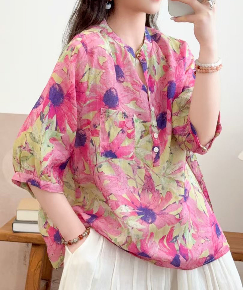 花柄 ファッション 水彩画風 七分袖シアーブラウス