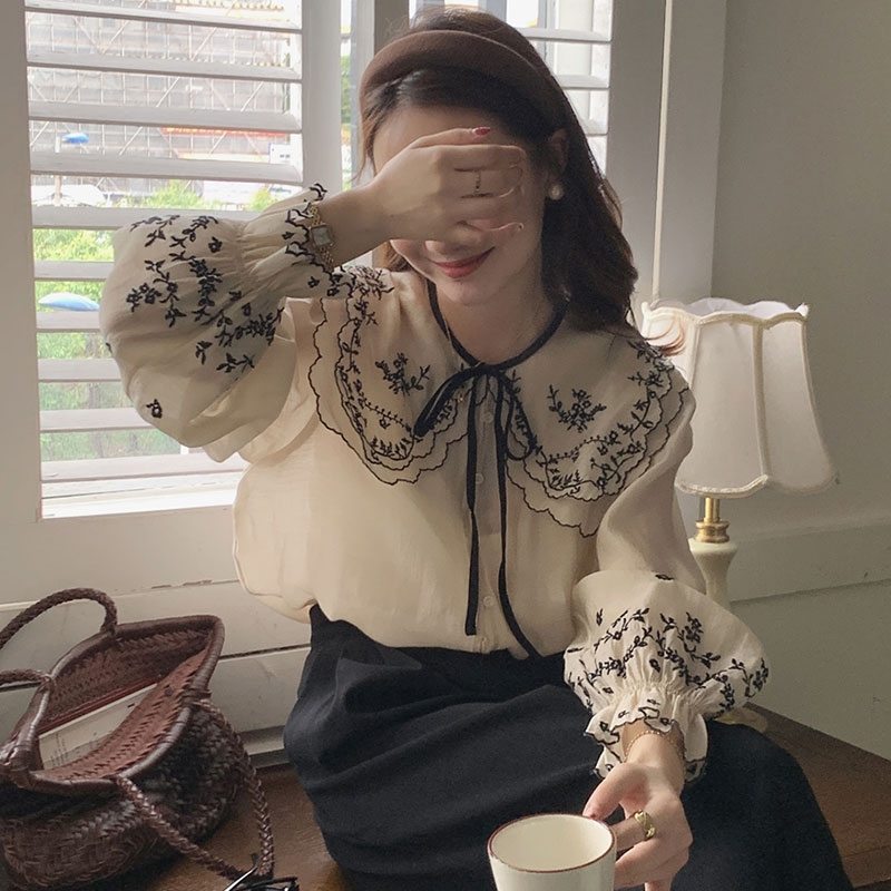 花柄 ファッション 花刺繍入り ビッグカラー ブラウス 長袖 レディース