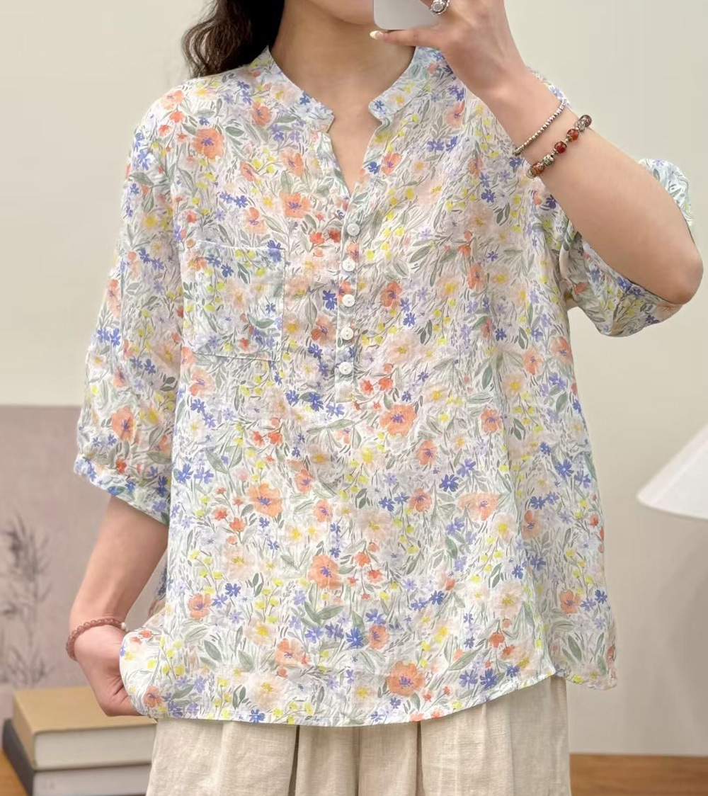 花柄 ファッション 水彩画風 七分袖シアーブラウス